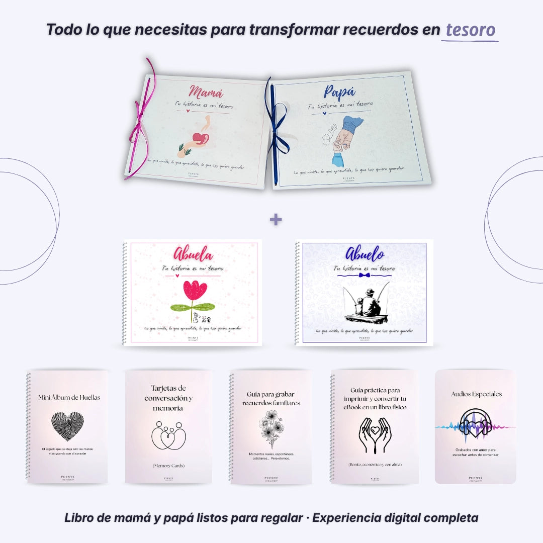 PACK FAMILIAR: TU HISTORIA ES MI TESORO (MAMÁ Y PAPÁ) + 8 REGALOS EXCLUSIVOS
